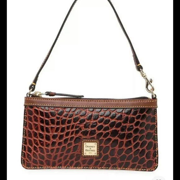 Dooney & Bourke Accessories - Dooney Bourke Croc Embossed Leather Large Slim Wristlet Bag Wallet Brown NEW
